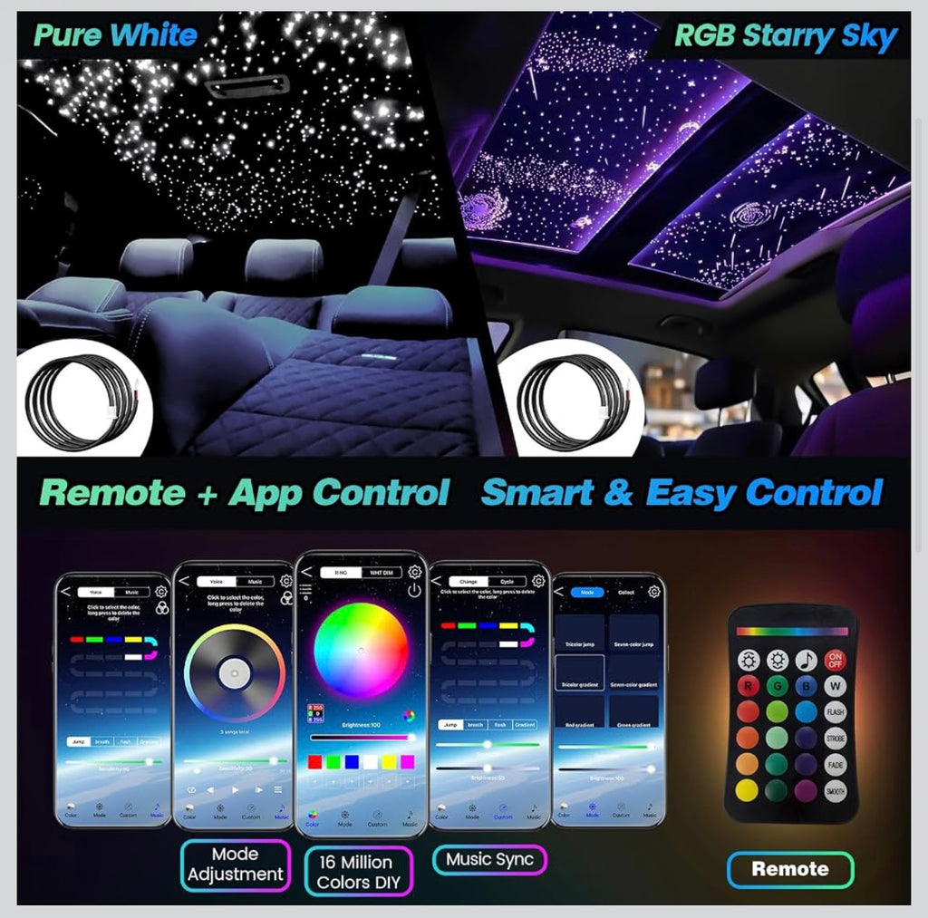 2026 16W Split Starlight Headliner Kit, Fiber Optic RGBW Star Lights